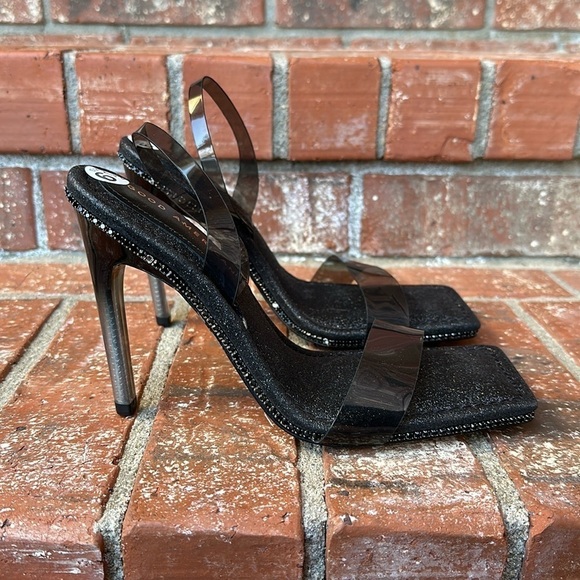 Good American Black Glitter Jeweled Slingback High Heels Square Toe Women's 6.5 - Picture 1 of 10